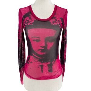 VTG‎ IKKS Mesh Top Womens Size SM Pink Empress RARE Long Sleeve Y2K Asian Punk